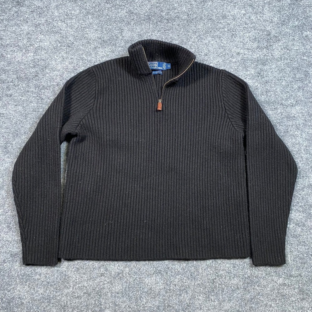Polo Ralph‎ Lauren Mens XL Black 100% Merino Wool Ribbed Quarter Zip Sweater
